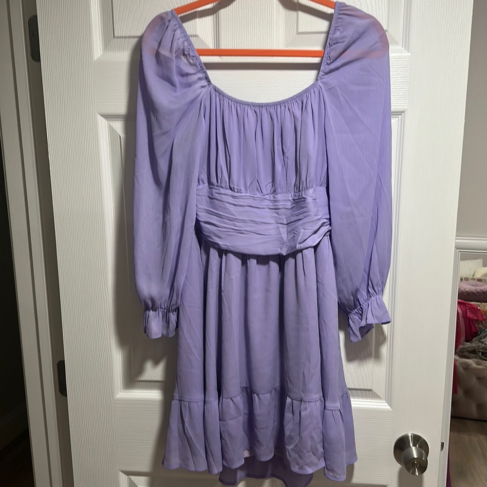 Purple long sleeve dress with a tie bow on back